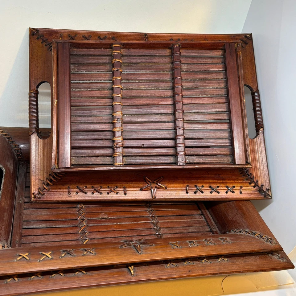 Set of Three Vintage Handmade Nested Bamboo Trays - Image 3 of 4
