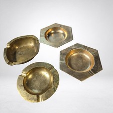 Vintage Brass Ashtray Set of 4 Hexagon Round Engraved Dragon China Heavy