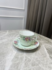Vintage Foley China England Bone China Teacup & Saucer Green Floral Gold Trim