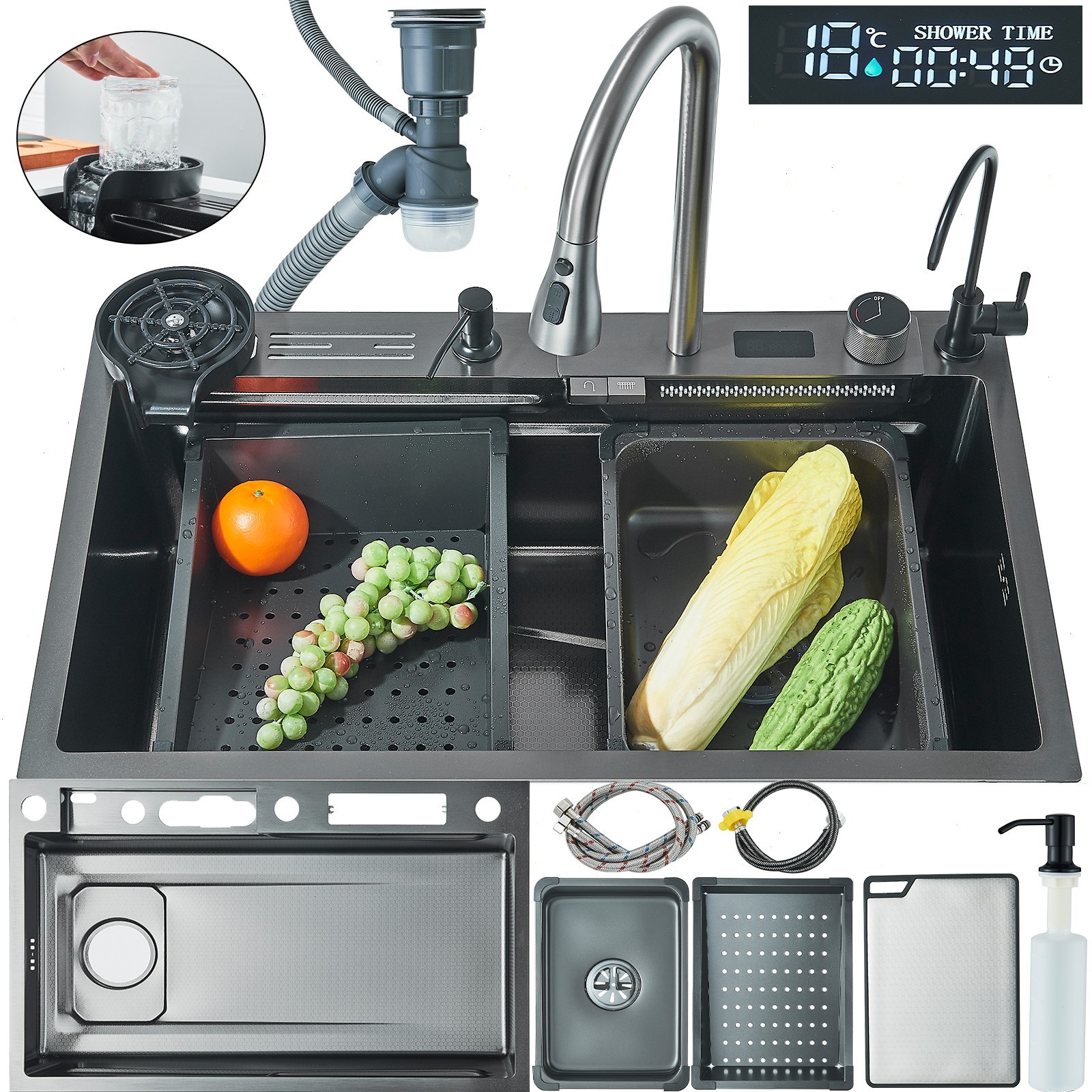 Fregadero de cocina de acero inoxidable negro fregadero empotrado fregadero sifón juego de grifo de cocina