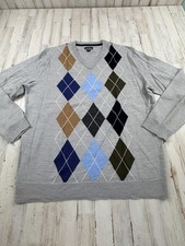 Club Room Mens Gray Merino Wool Blend Argyle Print V-Neck Sweater Size XL