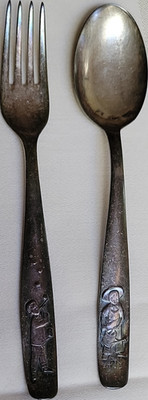 Vintage German Auerhahn 90 Silverplate Children's Fork & Spoon Set Patina
