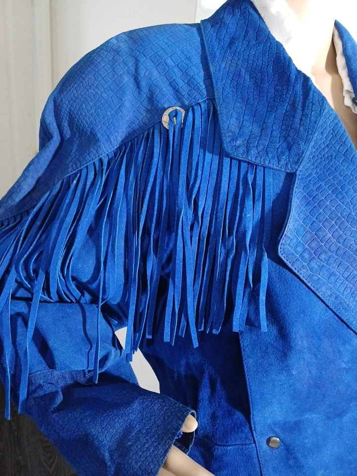 Chaqueta Vaquera Vaquera Vintage Años 80 Azul Brillante Gamuza Flecos Foto 3 de 4