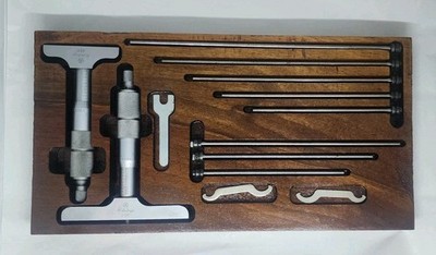 Mitutoyo Depth Gauges 0-6'' Set In Custom Wood Holder 2-3/8'' & 4'' Bases
