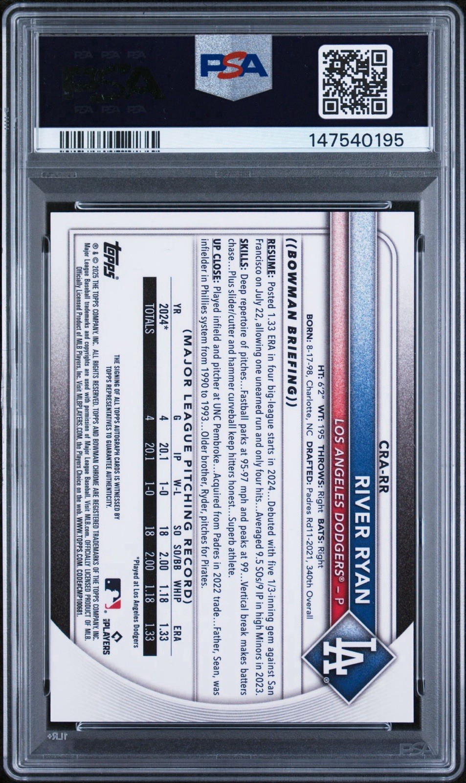 2025 Bowman Chrome Rookie Auto River Ryan #CRA-RR Orange Refractor /25 PSA 10 view 2