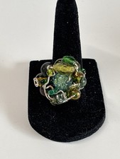 Handmade Green Glass Bead Cluster Ring Silver Tone Wire Wrapped Statement Size 9