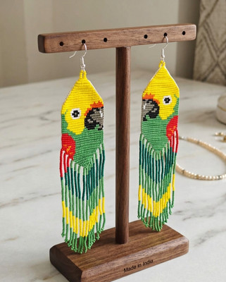 Handcrafted Parrot Seed Bead Earrings  Tropical Bird Fringe Jewelry for Women