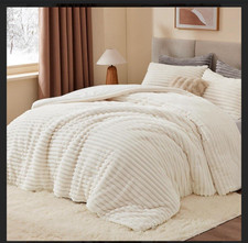 Fleece California King Comforter Set -Super Soft Warm Fluffy Cream White