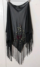 Black Sheer Tassel Triangle Scarf Shawl Wrap Embroidered Red Roses