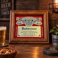 Vintage Budweiser Lager Beer Bar Mirror Wood Framed Anheuser Busch 12.5x10.5