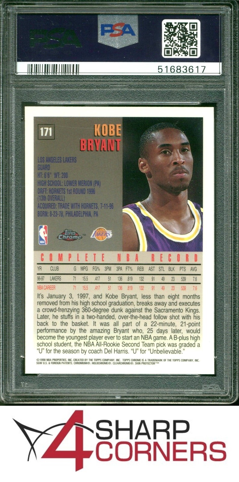 1997 TOPPS CHROME #171 KOBE BRYANT LAKERS HOF PSA 9 view 2