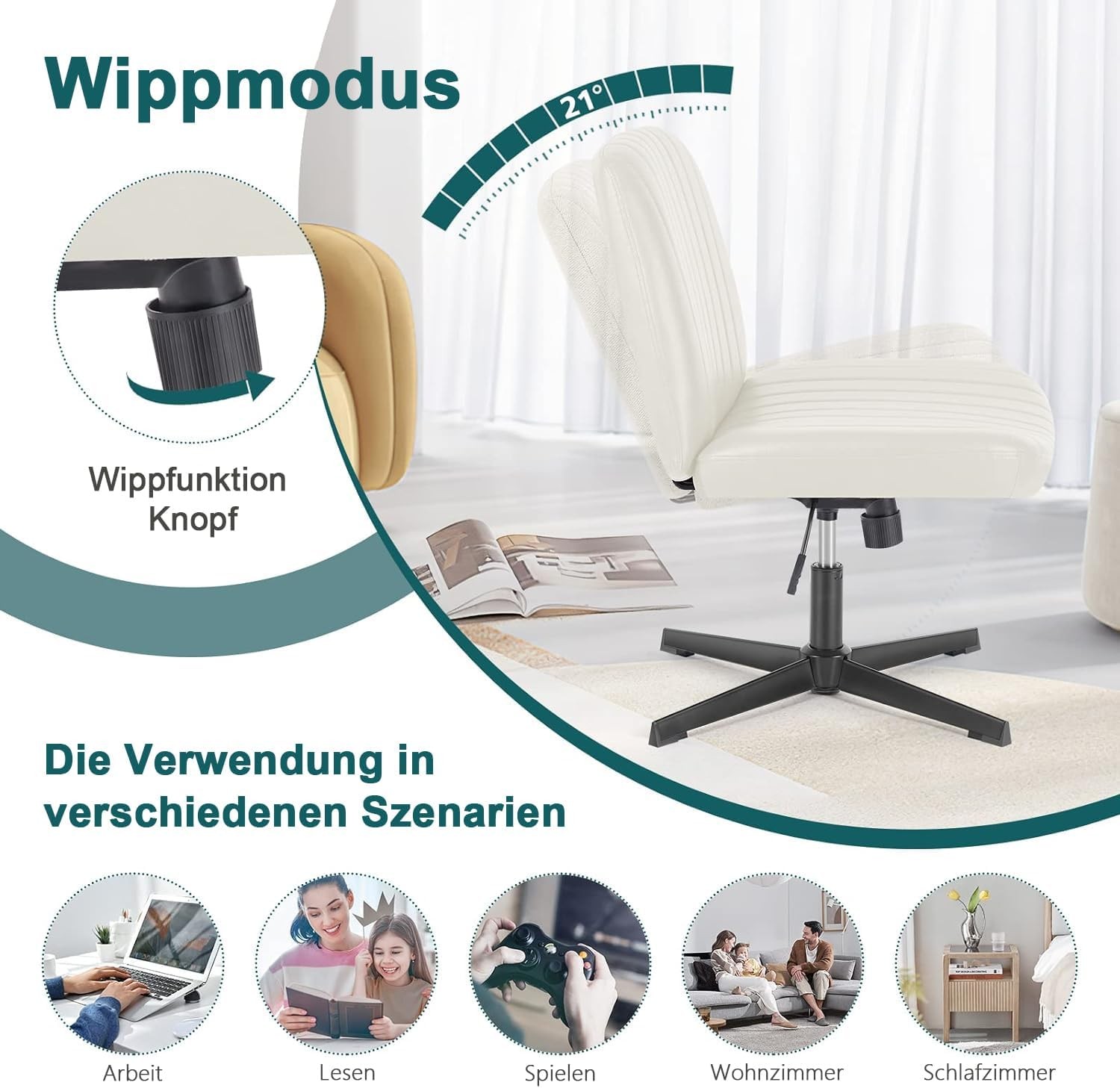 DUMOS Cross Legged Office Chair, Armless Wide Home Without Wheels, Creamy 