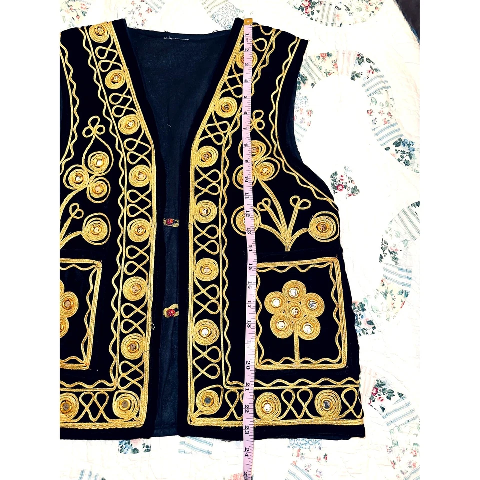 CHALECO AFGANO HIPPIE BORDADO DORADO TERCIOPELO NEGRO AÑOS 70 VINTAGE ABRIGO CINTURA Foto 4 de 4