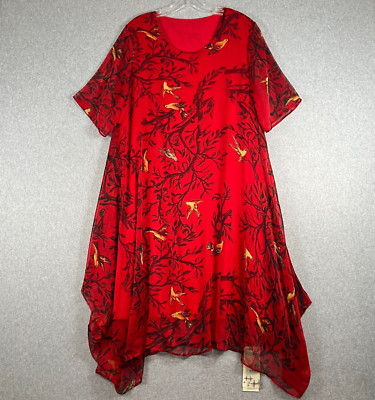 Shang Yi Ben Se Womens Large Red Silk Chiffon Dress With Birds NWT Flaw