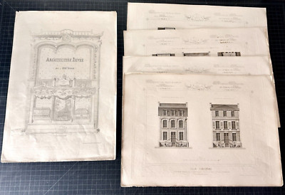 1870s full set of 4 large architecture prints: Private villa in Paris suburbs