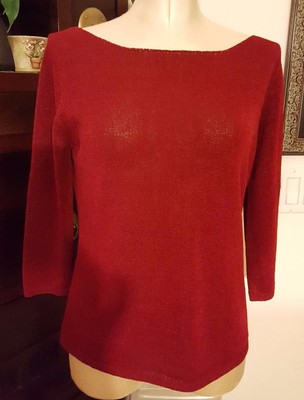NEIMAN MARCUS Red Rayon Blend Semi Sheer Textured Weave Ballet Neck Sweater L