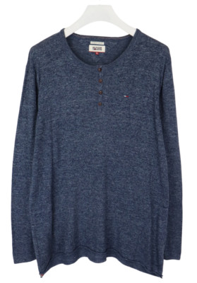 TOMMY HILFIGER Denim Pullover Herren XL Pullover Halber Knopf Melange Blau