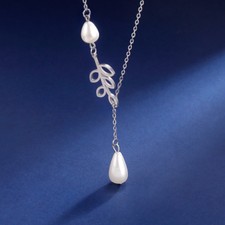 HotHollow Leaves Imitation Pearl Necklace Women Stainless Steel Simple Jewelry