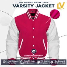 Varsity Letterman Jacket For Men Women & Kids Hot Pink Body White Leather Sleeve