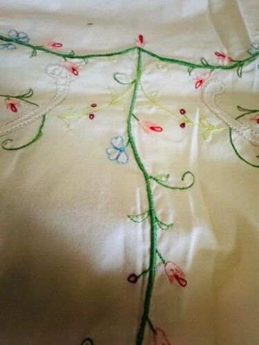 VTG TABLECLOTH OVAL HAND EMBROIDERED CROSS STITCH ROSES LACE 66x94” SCALLOPED - Picture 7 of 18