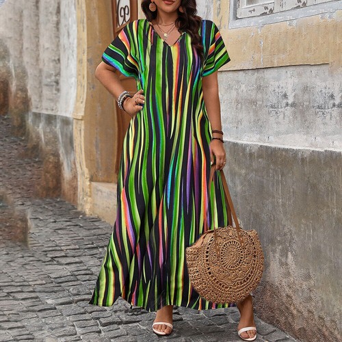 Plus Size 28 Womens Striped Maxi Dress Ladies Summer Beach Holiday Split Kaftan - Picture 20 of 23