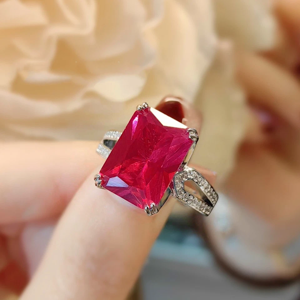 Novo anel de prata feminino retangular de 14 mm pedra preciosa corindo vermelha joia de festa de luxo - Imagem 2 de 4