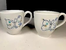 Pottery Barn Buyterfly Coffee Mugs Blues Purples Gold Abstract Butterfly