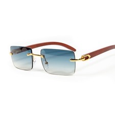 Retro Turquoise Gradient Tint Rimless Gold Frame Rectangle Woodgrain Sunglasses