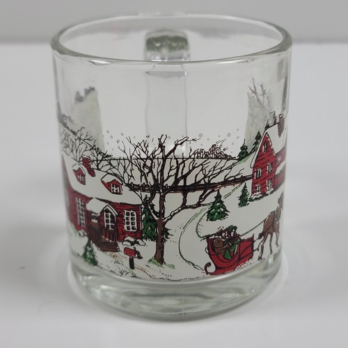 Taza de vidrio transparente Libbey ~ escena de invierno trineo caballo granero nieve - Imagen 2 de 11