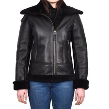Women's Cross Zip Fastening Real Thick Sheepskin Aviator Jacket Black Dr533