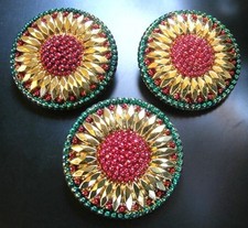 3 Czech Vaseline Glass Buttons #P463 - 32 mm or 1-1/4" - GILDED - WOW!!!!