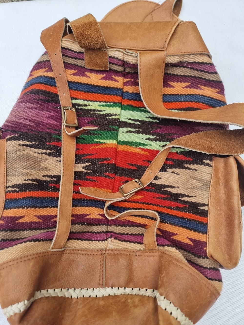Extra Large Aztec Blanket Leather Backpack, South… - image 9