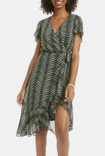 NWT CITY STUDIO 5 S GREEN METALLIC GOLD STRIPE FAUX WRAP V-NECK RUFFLE DRESS