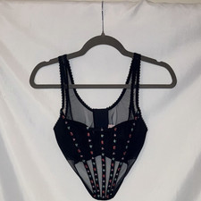 Victoria's Secret Overbust Bustier S C Black Sheer Mesh Floral Embroidered