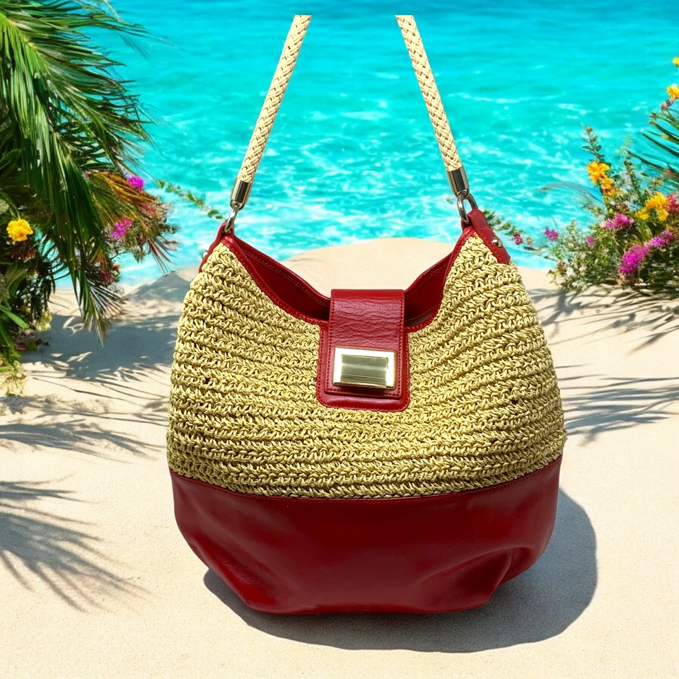 Bolso de Hombro Talbots Natural Rafia Paja Rojo Cuero Vegano Playa Cartera Viaje Foto 2 de 4