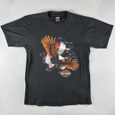 Vintage 2004 Harley Davidson Eagle Flag T-Shirt Al Muth Black River Falls L