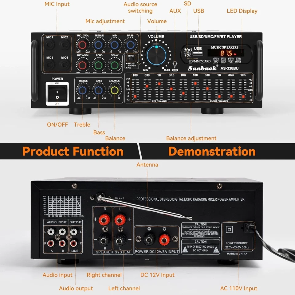 Amplificador de Potencia HiFi Estéreo Sunbuck 2000W Bluetooth 5.0 Karaoke FM USB EQ AUX Foto 4 de 4