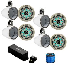 4x Kicker 8" 300W Marine LED Speaker, White Grille, 4x 8" White Pod, Remote,Wire