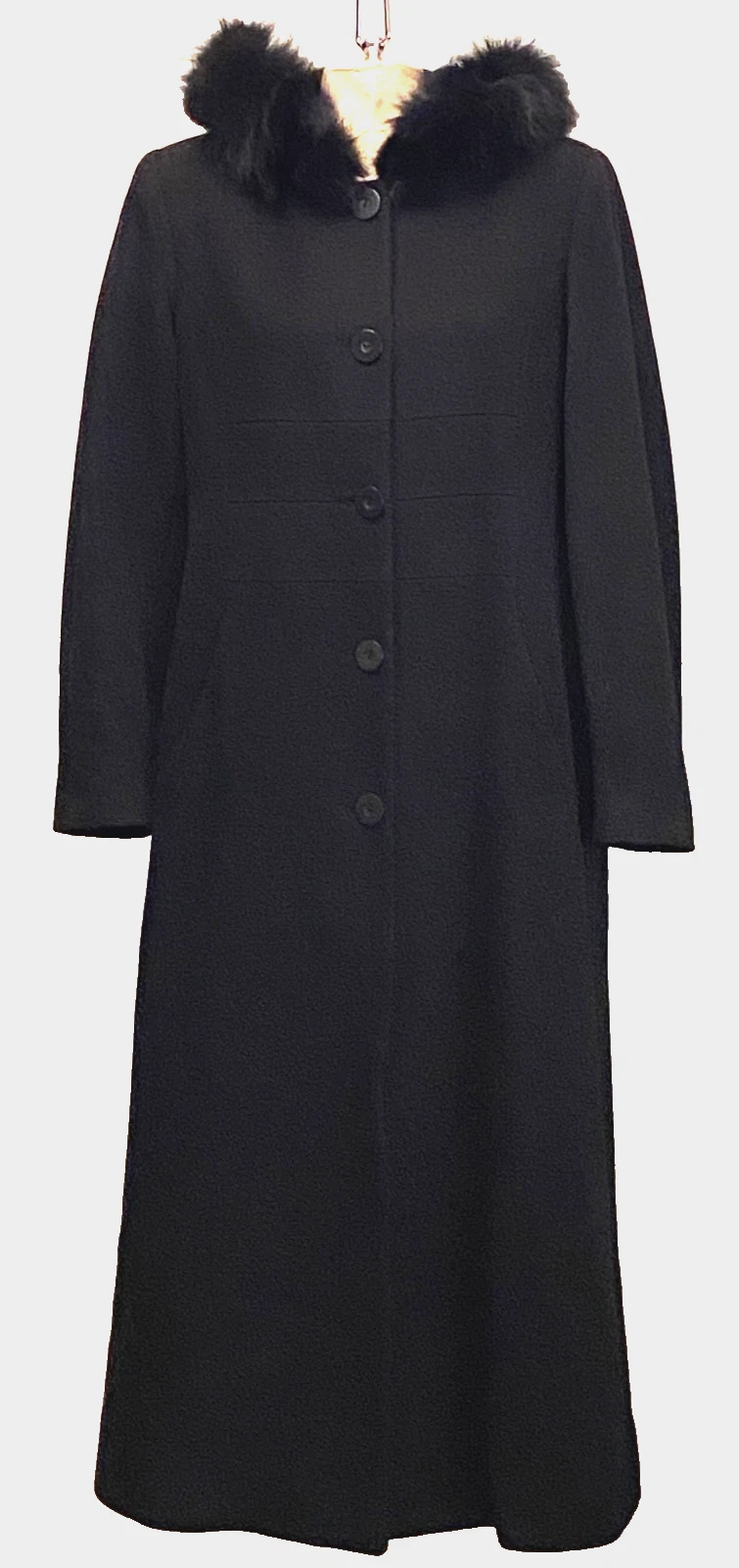 Worthington 100% Wool Maxi Long Dress Coat with Fox Fur Trimmed Hood Black 8 px