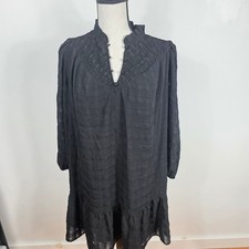 LOFT Shift Dress Women S Black Textured Smocked V-Neck Ruffle Hem Bohemian
