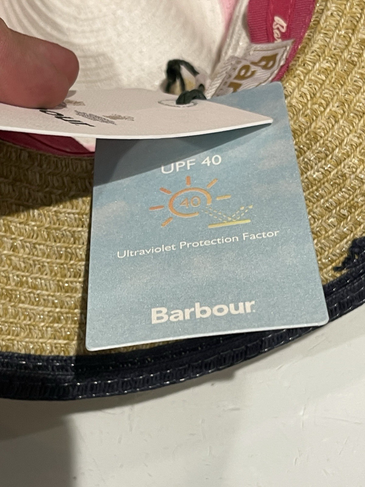 Barbour Kenmore Fedora Straw Beige White Pink Collapsible Summer Beach Hat Small image 9
