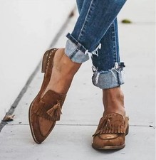 Womens Casual Slip-On Tassel Flats Loafer Oxfords Shoes Suede Pointed Toe Mules
