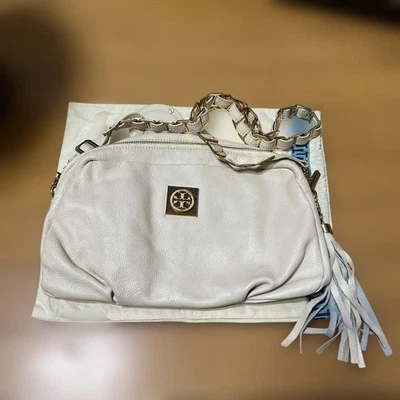 TORY BURCH Sac Besace Cuir Logo Chaîne Femme Blanc Frange Sautoir - Photo 1/4