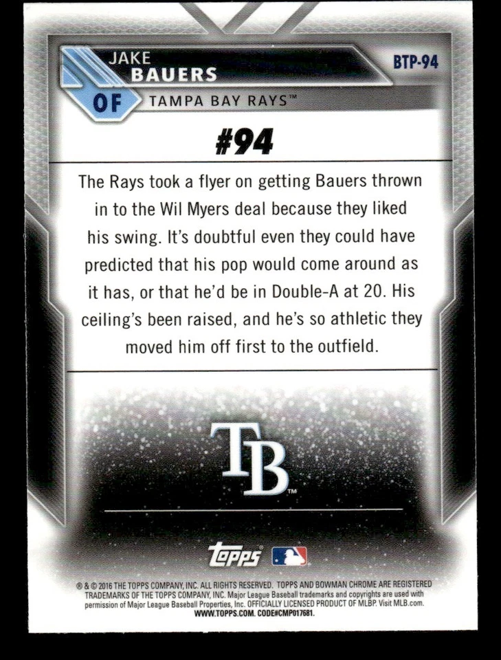 2016 Bowman #BTP-94 - Jake Bauers Scouts' Top 100 - Tampa Bay Rays Baseball Card - Image 2 of 2