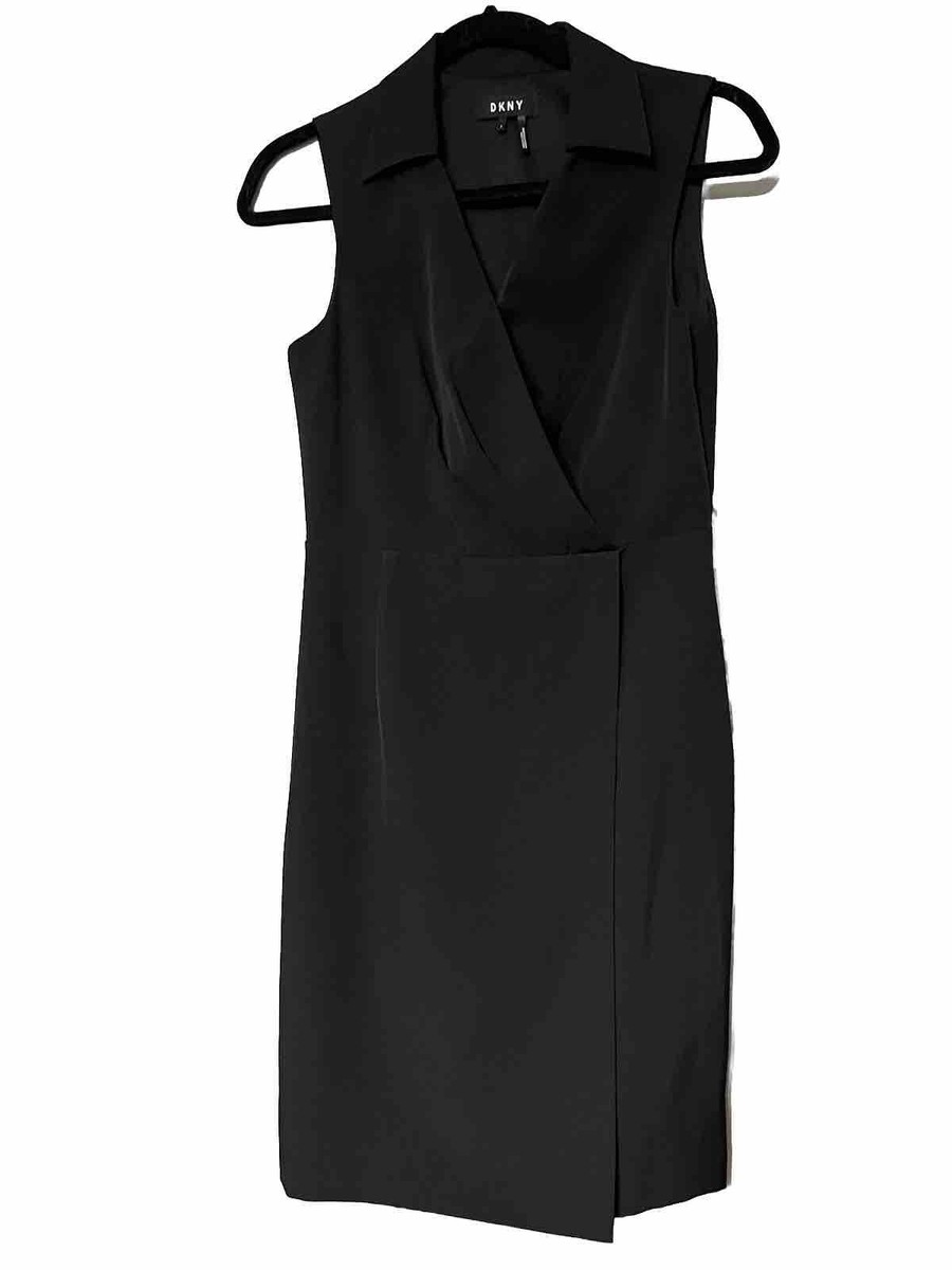 black dkny dress Women’s Size 2 Surplice Faux Wrap Sheath Knee Length Gowns Mens Formal Wear For My Height is:Regular (5'2