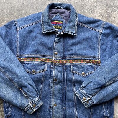 Vintage 90s Santa Fe Trail Zip Up Aztec Print Denim Jacket Mens Sz