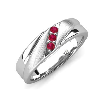 Round Ruby Angled Brushed Men 3 Stone Wedding Band 14K Gold