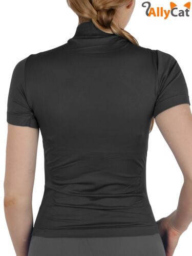 Damen kurzärmelige Rollkragenpullover mit gemischtem Ausschnitt dehnbar seitlich gerippt schmale Passform Shirts - Bild 22 von 22