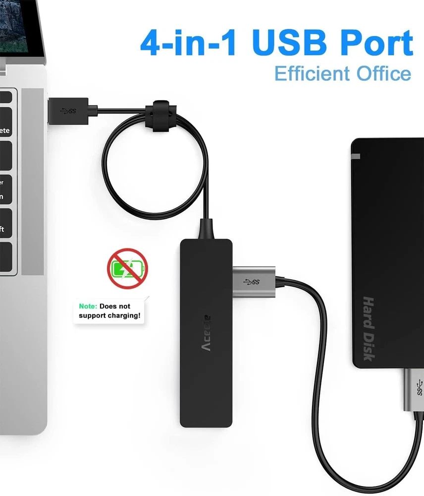4-Port USB 3.0 Hub with 4Ft Extension Cable - Ultra-Slim Multi-Port Splitter