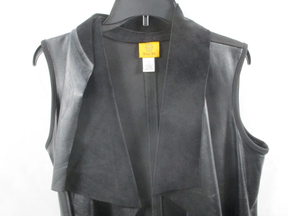 Ruby Road Womens Vest Small Black Faux Leather Washable Loose Wrap Solid Fur - Image 2 of 4